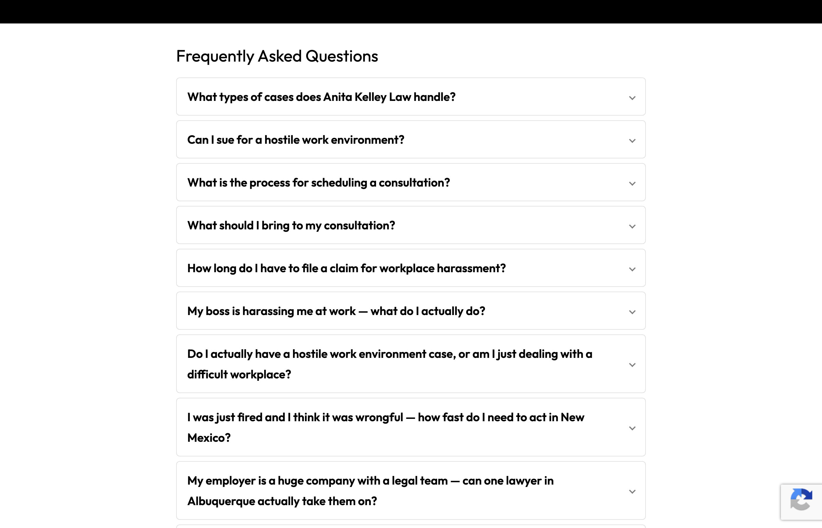 Live FAQ section rendered on anitakelleylaw.com — 13 employment law questions generated by SEOMelon